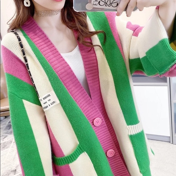Stripe cardigan pink wide sleeve pocket sweater - Picture 5 of 13